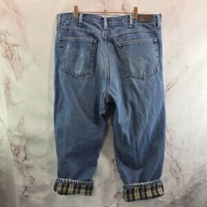 LL Bean Flannel Lined Jeans Mens 37 Short Vintage Plaid Medium Wash Pants Denim